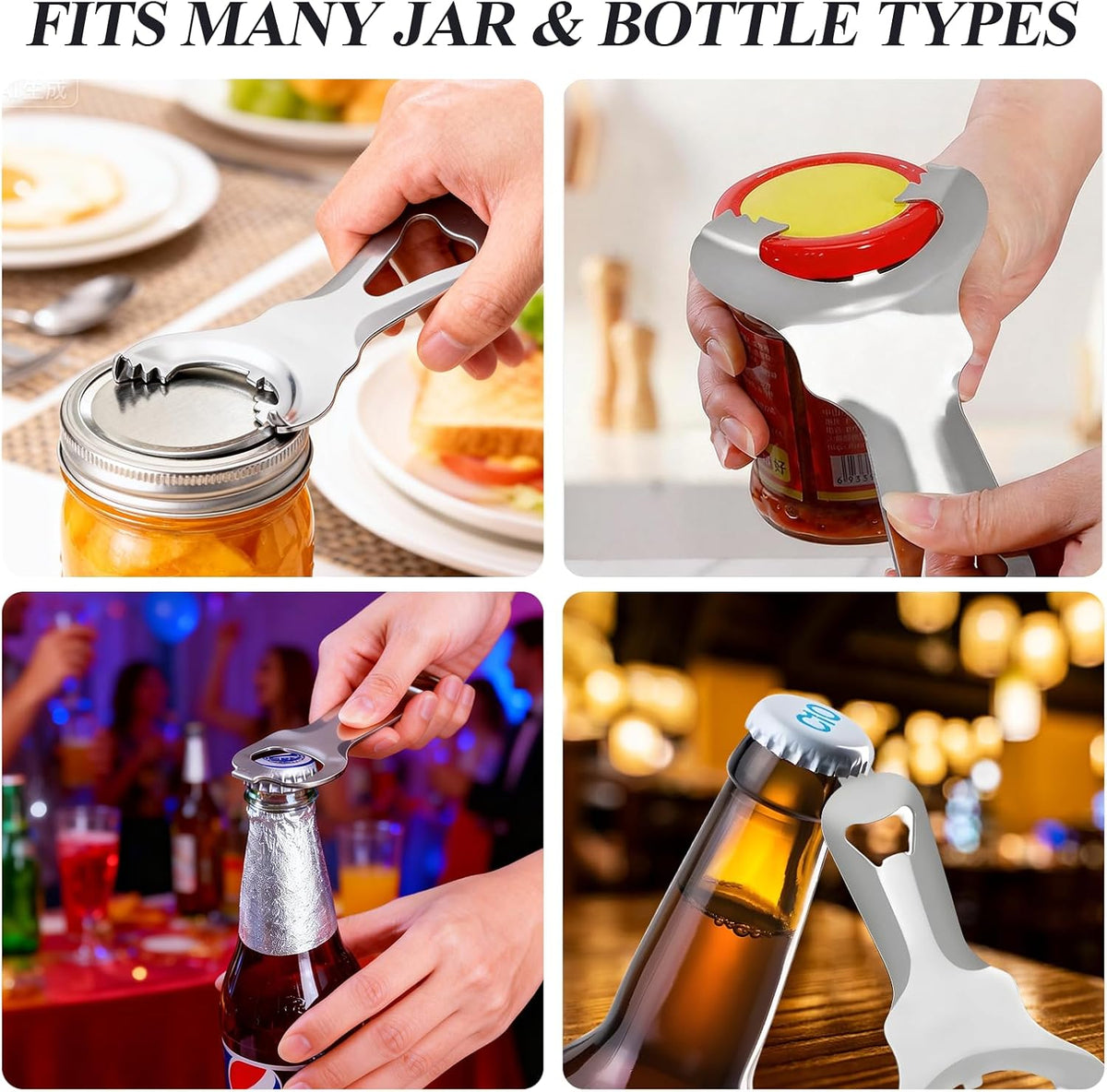 Mason Jar Opener, Multi-Functional Stainless Steel Lid Remover Without Lid Dents or Damage, Canning Jar Opener Tool for Mason Jars, Bottles & Cans, Ergonomic Design for Easy Use by All Ages