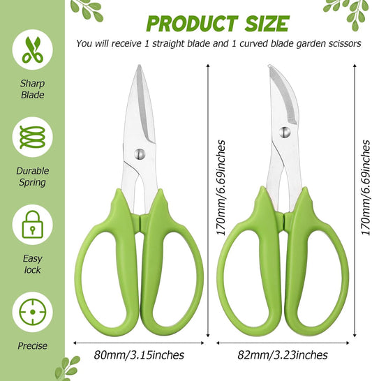 2 Pcs Garden Scissors Shears Trimming Scissors Pruning Floral Shears for Herb Flowers Plants with Straight and Curved Blade for Gardening (Curved,Straght)