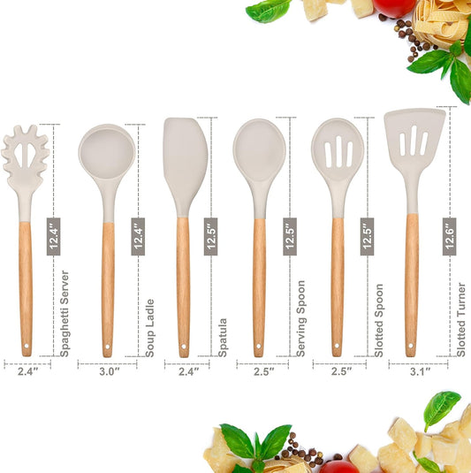 Cooking Utensils Set of 6, Silicone Kitchen Utensils with Wooden Handle, Non-stick Cookware Friendly & Heat Resistant, Includes Spatula/Ladle/Slotted Turner/Serving Spoon/Spaghetti Server(Khaki)