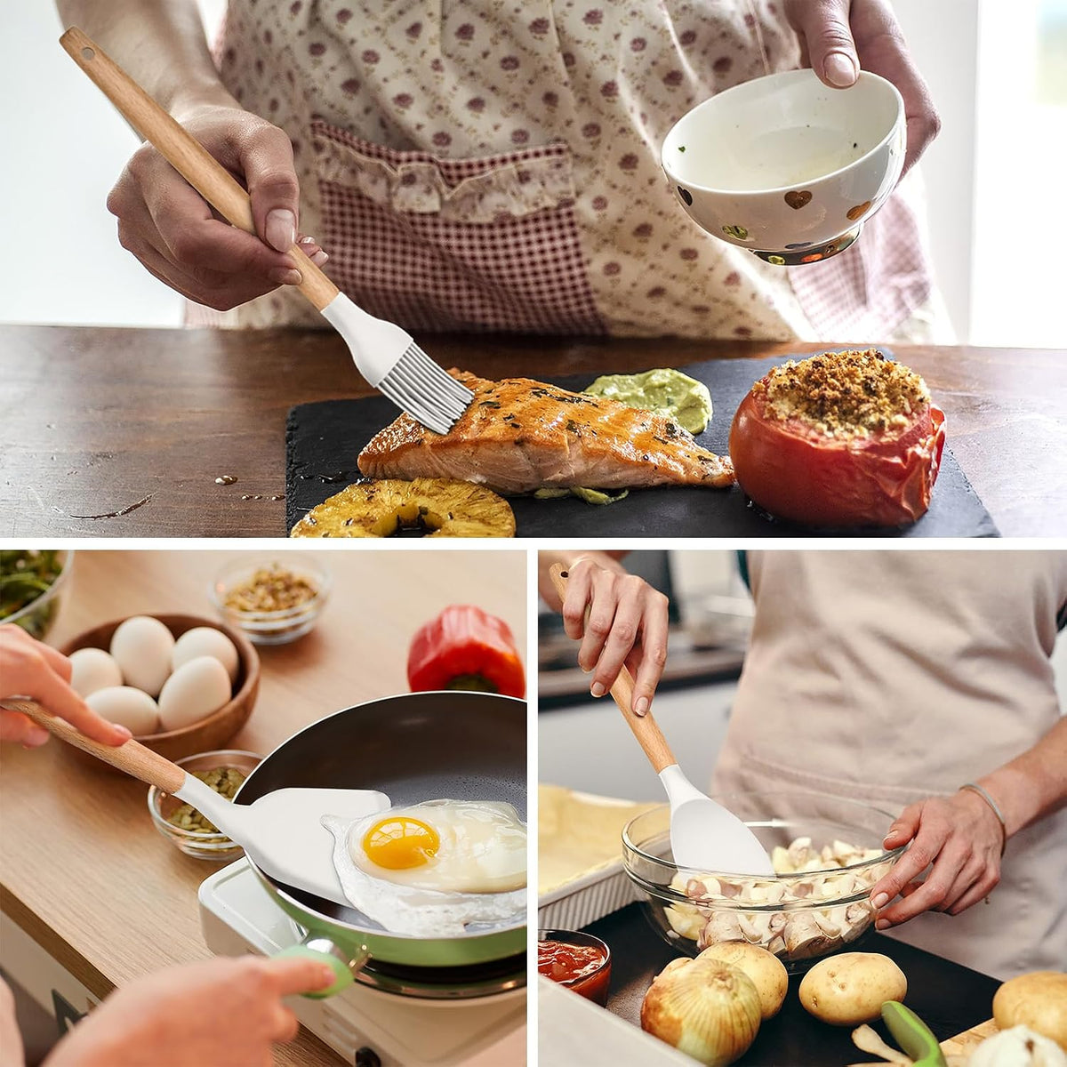 Cooking Utensils Set of 6, Silicone Kitchen Utensils with Wooden Handle, Non-stick Cookware Friendly & Heat Resistant, Includes Spatula/Ladle/Slotted Turner/Serving Spoon/Spaghetti Server(Khaki)