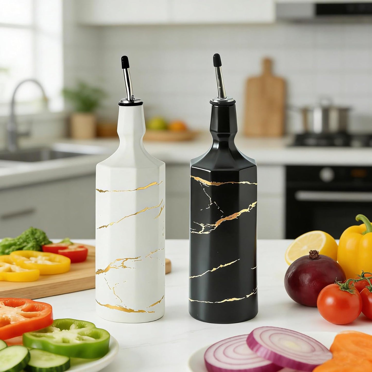 Ceramic Olive Oil Dispenser Bottle, White Oil Dispenser Bottle for Kitchen, Large Capacity 26oz Oil and Vinegar Bottles Dispenser