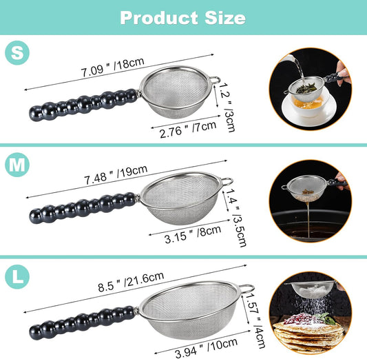 3 Sizes(2.76"+3.15"+3.94") Single Fine Mesh with Non-Slip Ceramic Handle,Perfect for Sift, Strain, Drain Rinse Vegetables