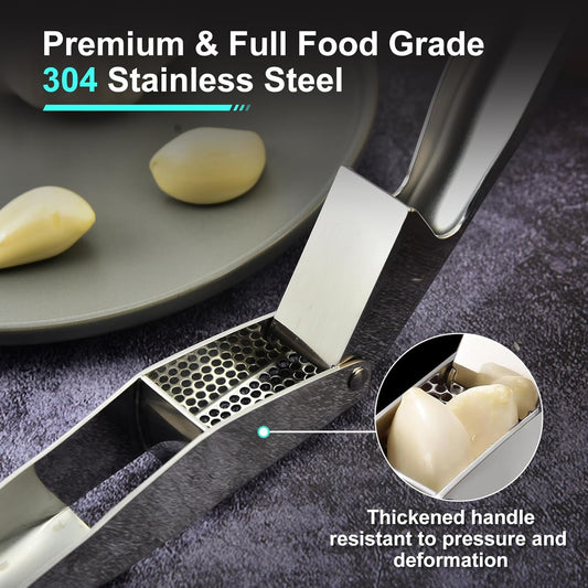 Garlic Press, Stainless Steel Garlic & Ginger Crusher, with Built-In Cleaner, Rust Resistant, No Peel, Large Capacity, Easy Clean,Dishwasher Safe,Silver
