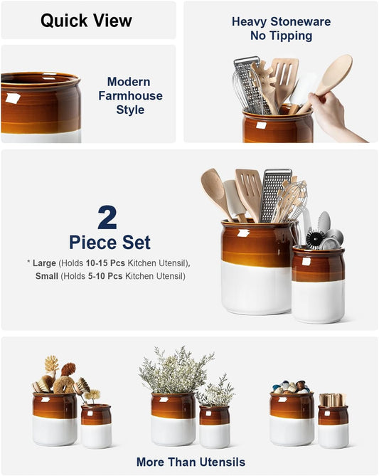 Kitchen Utensil Holder for Countertop, Ceramic Utensil Crock Set of 2, Rustic Brown Holder for Spatulas, Spoons and Ladles, Large Farmhouse Kitchen Counter Decor, Brown and White, 7.2" & 5.4"