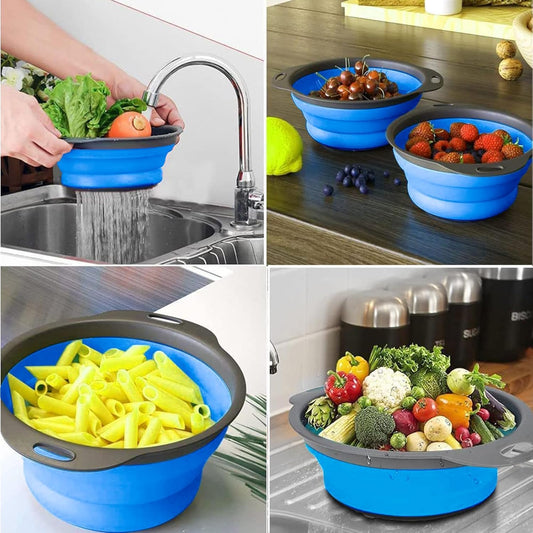 Collapsible Colander Set of 4-2 Red + 2 Blue Silicone Foldable Strainers, BPA-Free, Space Saving Kitchen Sieve with Handles - 2 Sizes (Large & Medium)