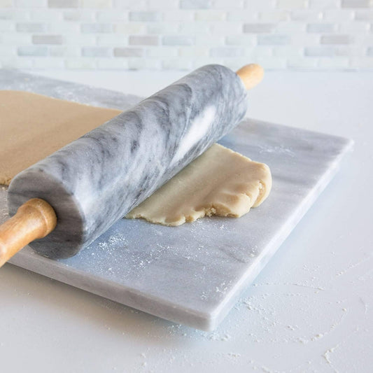 Fox Run Polished Marble Rolling Pin with Wooden Cradle, 10-Inch Barrel, White | Marble Stays Cool For Pastry | Heavy Dough Roller For Easy Rolling & Baking | Includes Stand | Naturally Non-Stick Surface