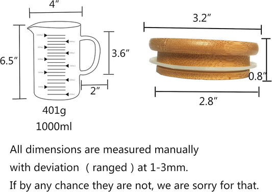Graduated Beaker Mug with Handle and Durable Bamboo Lid Borosilicate Glass Multi-Function Food Grade Measuring Cup 1000ML