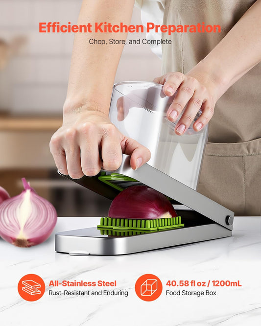 Vegetable Chopper, Food Veggie Cutter with 3 Stainless Steel Blades, Onion Slicer with Container, Salad Potato Dicer Kitchen Gadgets & Essentials Home Appliances Tools for Easy DIY, Silver