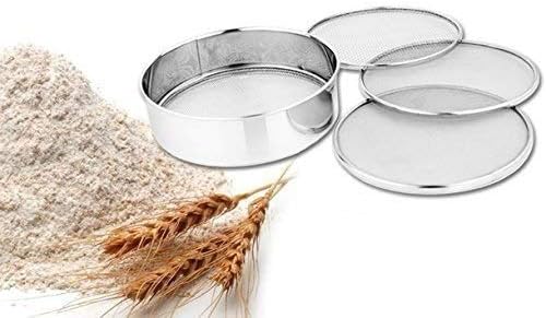 4 In 1 Stainless Steel Interchangeable Sieve Set of 5 Flour Spices Food Strainers Atta Chalni Jaali Channi Atta, Maida Strainer - Silver, Length 8 Inch, Width Height 2.5 Inch