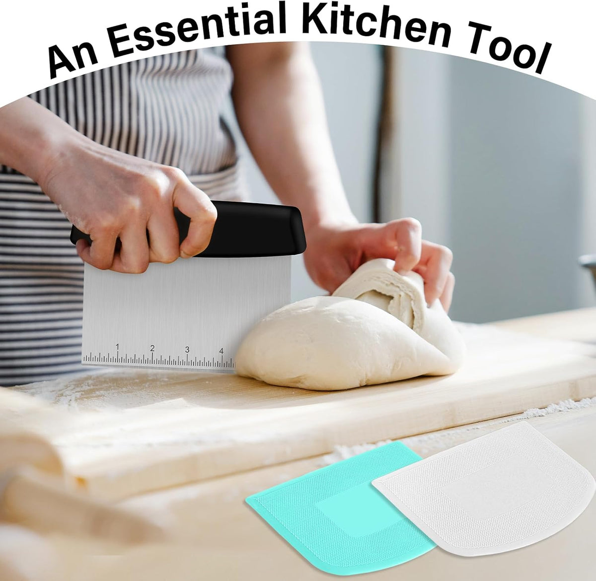 Bench Scraper, Premium Stainless Steel Dough Scraper with 2 PCS Flexible Bowl Scraper, Dough Cutter with Measuring Scale, Versatile Kitchen Scraper Set for Pastry Bread Pizza Cake