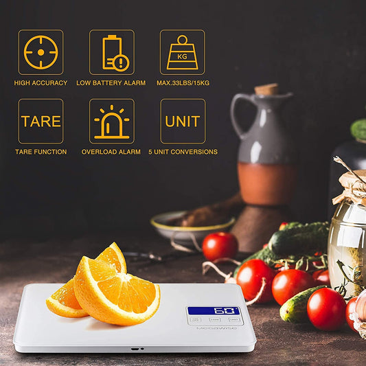 Food Scale, 33lb Rechargeable Digital Kitchen Scale with 1g/0.04oz Graduation, Water-Resistant Surface, Tare & Hold, 5 Units for Cooking, Baking, Meal Prep