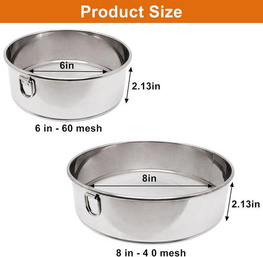 Flour Sifter for Baking 2 Pack, Round Flour Sifter Stainless Steel 6 Inch 60 Mesh and 8 Inch 40 Mesh Sieve Fine Meshs Flours Sieve Set for Baking Cake Bread Pastries