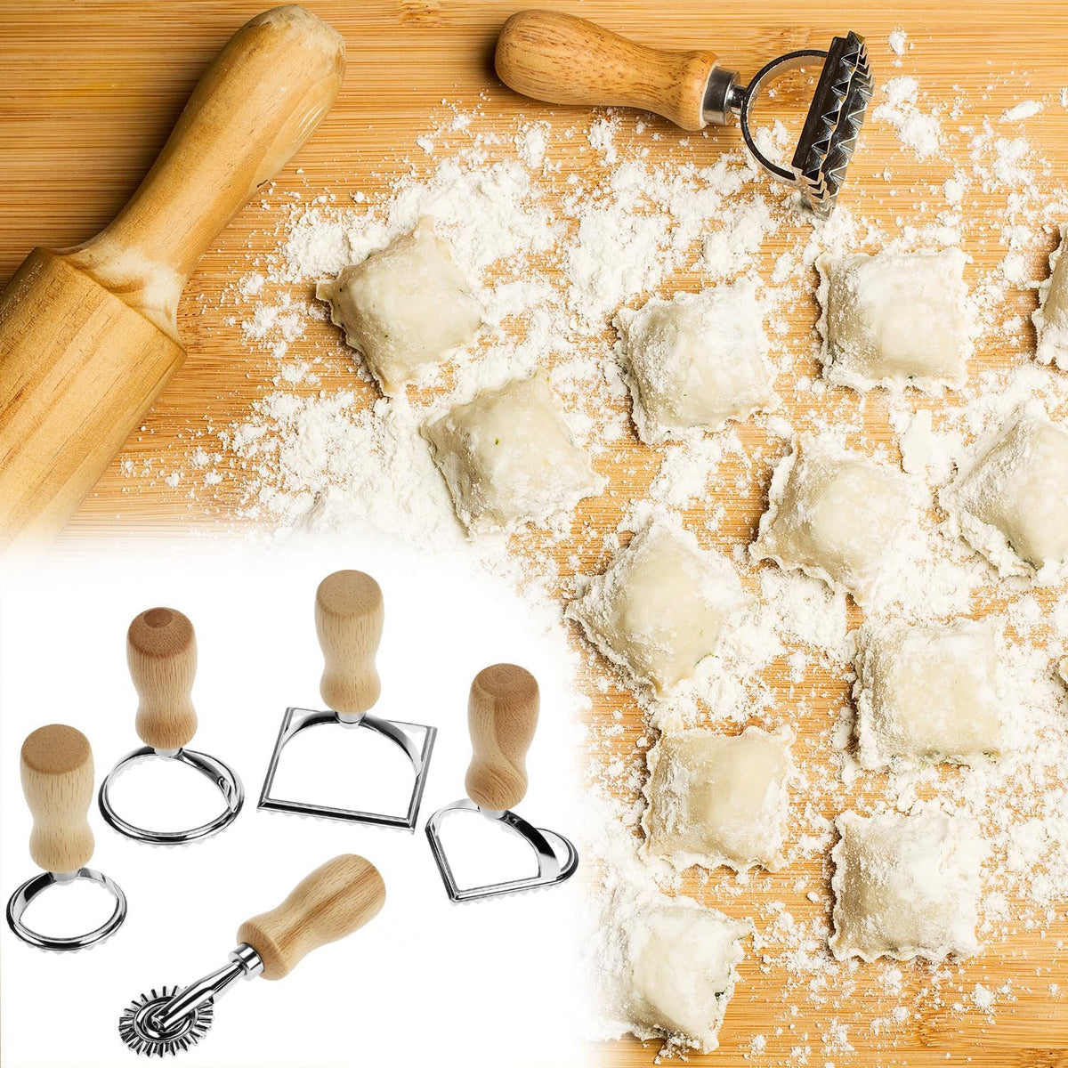 Ravioli Stamp Maker Cutter with Roller Wheel Set – Wood Handle, Sturdy Aluminum Frame, Precise Fluted Edges – Perfect for Ravioli, Pasta, Cookies