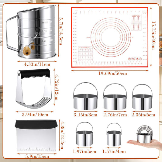 10 Pcs Stainless Steel Pastry Biscuit Cutter Set Include 3 Cup Flour Sifter Biscuit Cutter Pastry Scraper Dough Scraper Silicone Baking Mat Fine Mesh Strainer for Cooking Cookies Donuts Cake