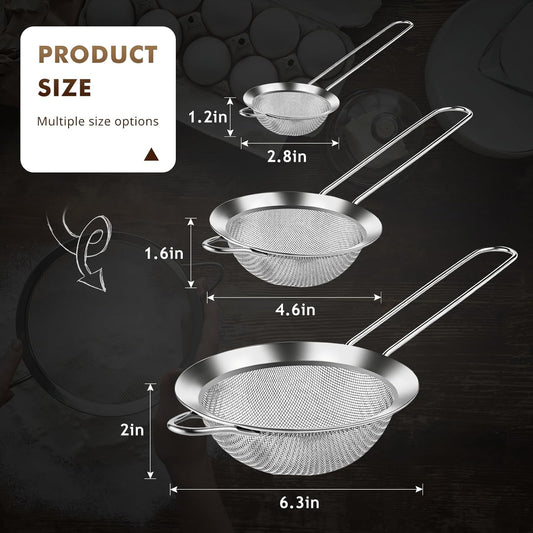 3 Piece Mesh Strainers, Stainless Steel Strainer for Sifting, Straining, Cooking Kitchen Strainers Fine Mesh for Flour, Pasta, Loose Tea, Fruit, and Rice, Silver(2.8"+4.6"+6.3")