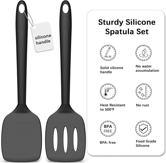 2 Pack Silicone Spatula Set,High Heat Resistant, BPA-Free | Dishwasher Safe Kitchen Spatula for Nonstick Pans, Solid & Slotted Turners for Cooking, Sautéing, and Flipping, PureBlack