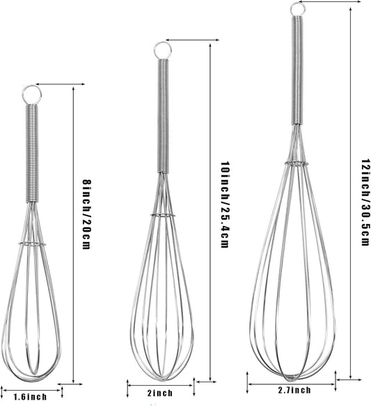 Mini Wire Whisk, 3-Pack - 8, 10 & 12 Inch Small Whisk for Cooking - Ergonomic Spiral Handle, 304 Stainless Steel - Ideal for Whisking, Beating, Blending & Mixing Sauces - Silver
