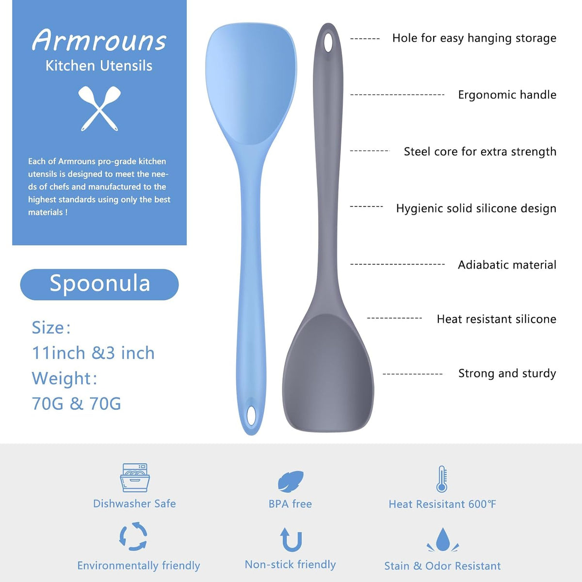 Silicone Spatula Spoon 2-Pack, Rubber Spoonula set Heat Resistant, Cooking Spoon spatula turner Seamless Non-Stick Scrapers for Baking Mixing.