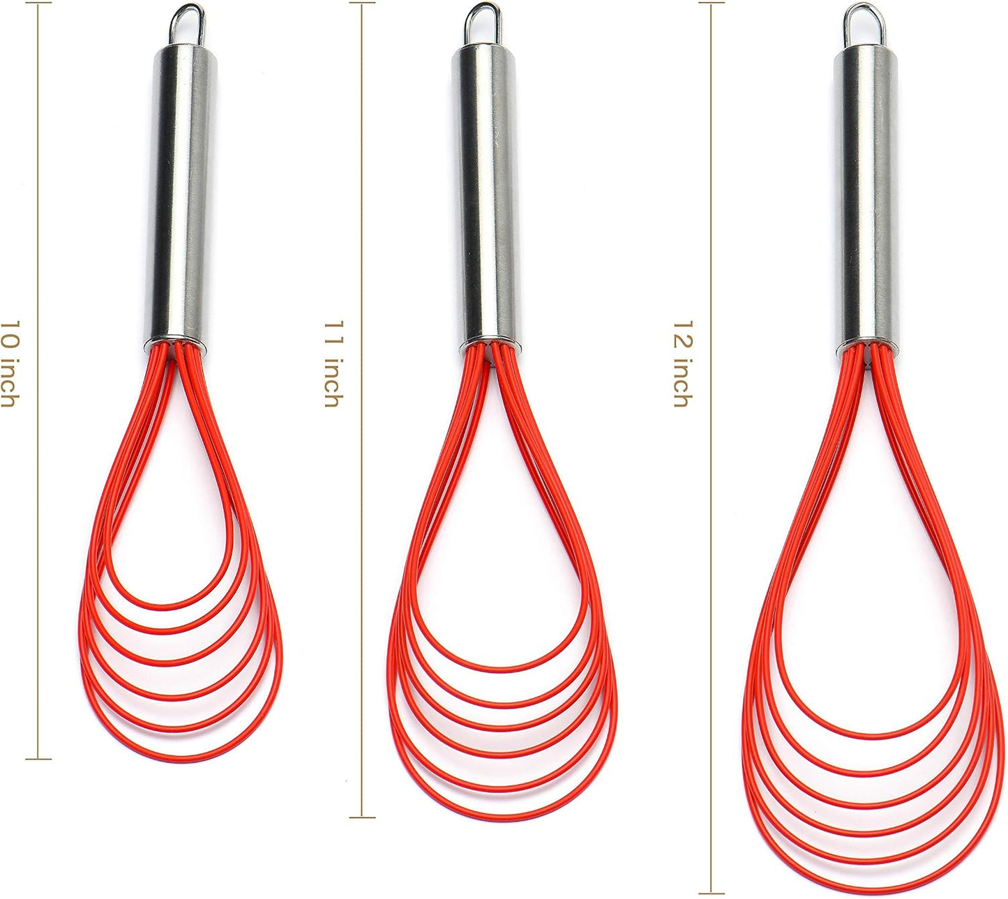 Flat Whisk Set,Stainless Steel 3 Pack 10''+11''+12'' Premium Sturdy-6 Silicone Heads Non Stick Wires Whisk for Blending Beating Stirring Kitchen Cooking (Blue)