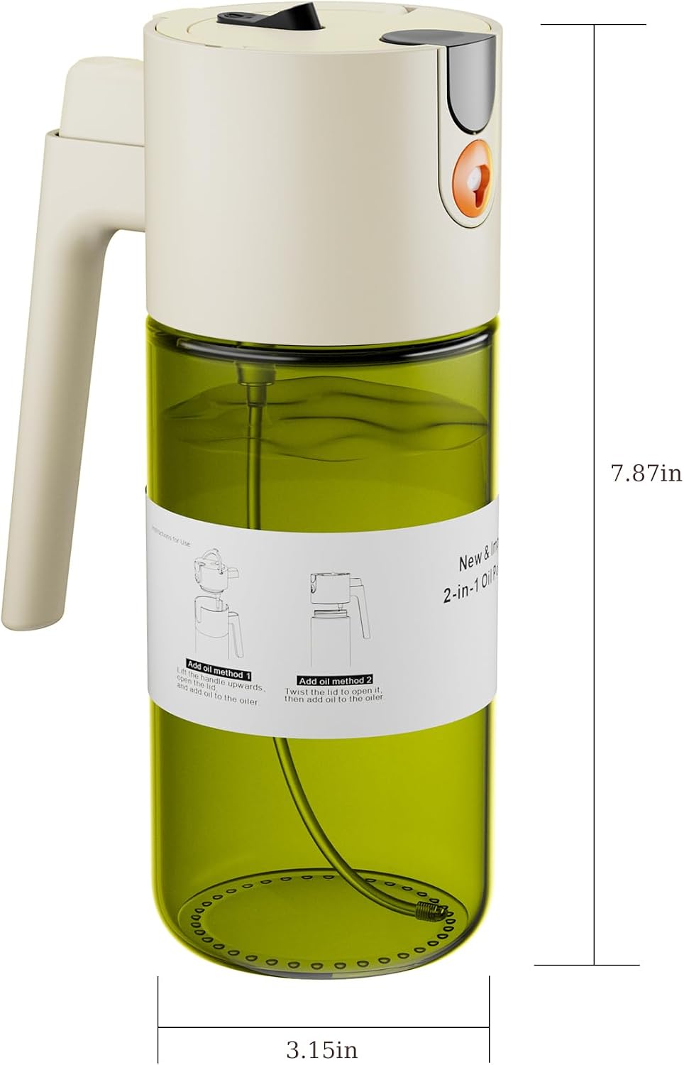 2 in 1 Oil Sprayer & Dispenser, 17 oz Light-Blocking Glass Bottle | Large Capacity, Wide-Mouth for Easy Pouring and Cleaning, Leak-Proof Oil Bottle with Stickers for Salads, Air Fryers, BBQ