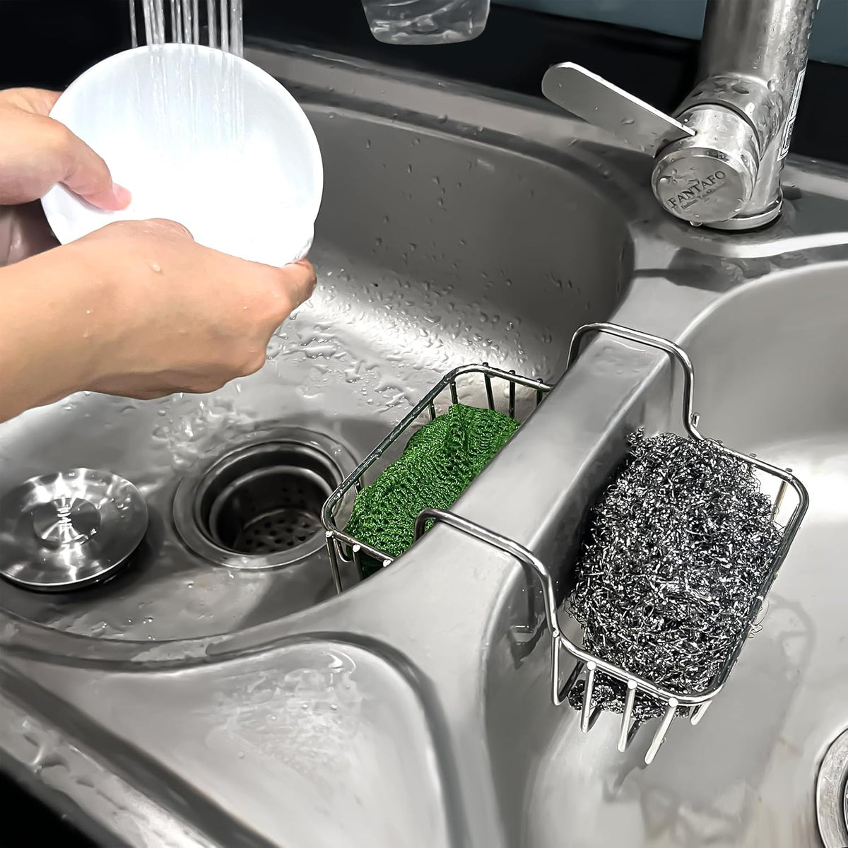 Stainless Steel Sponge Holder for Kitchen Sink - Never Rust Hanging Saddle Double for Soap Kitchen Sink Caddy 2.2 inch, Rustproof Organizer for Dishwashing and Brush Drying