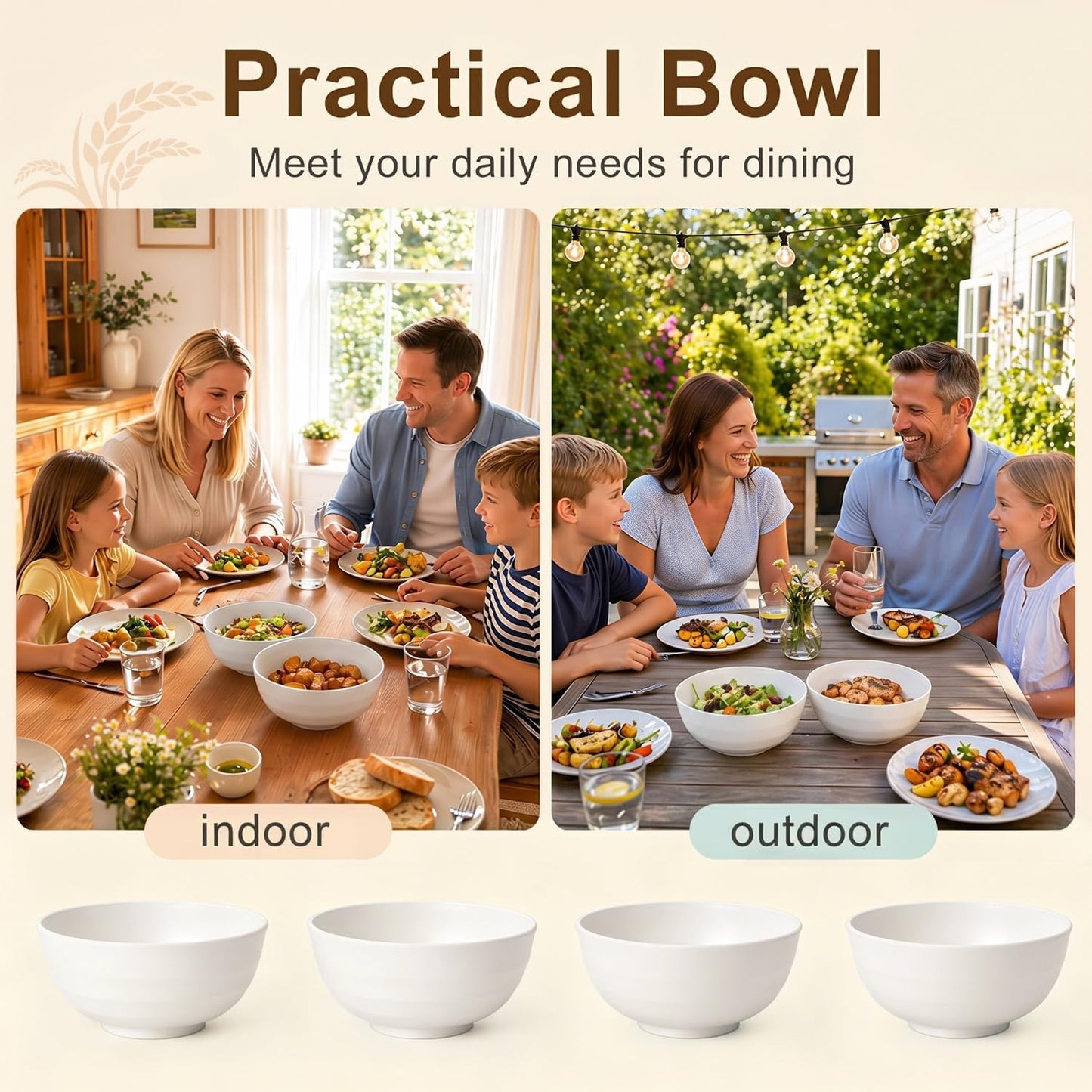 Wheat Straw Bowls 40 OZ, Unbreakable Salad Container for Lunch, Plastic Bowls with Lids, Microwavable Meal Prep Bowls for Cereal, Ramen, Soup, Leftovers - 4 Large Bowls and 4 Lids, Multi