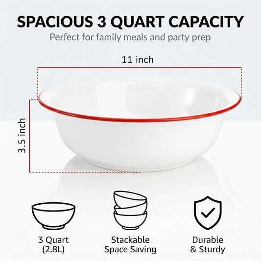 2 Pack 3 Quart Large Enamel Serving Bowl, 11" Unbreakable Vintage Metal Enamel Mixing Bowl, White and Red Kitchen Enamelware for Fruit, Salad, Pasta