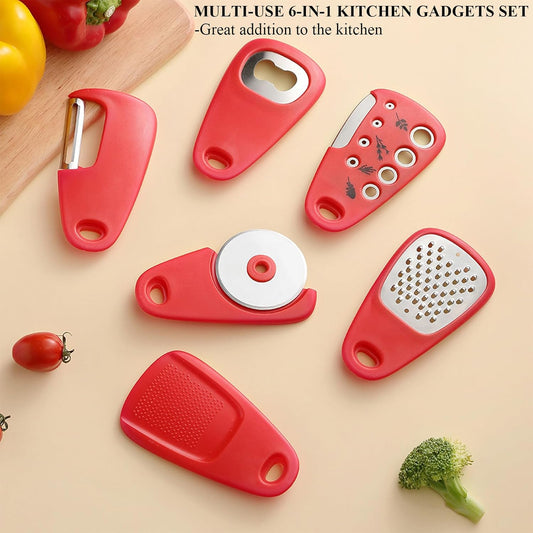 Kitchen Gadgets Set 6 Pieces, Space Saving Cooking Tools Kitchen Accessories-Garlic Grinder, Cheese Grater, Vegetable Peeler, Pizza Cutter, Herb Stripper, Bottle Opener, Gadgets Gift Set (Red)