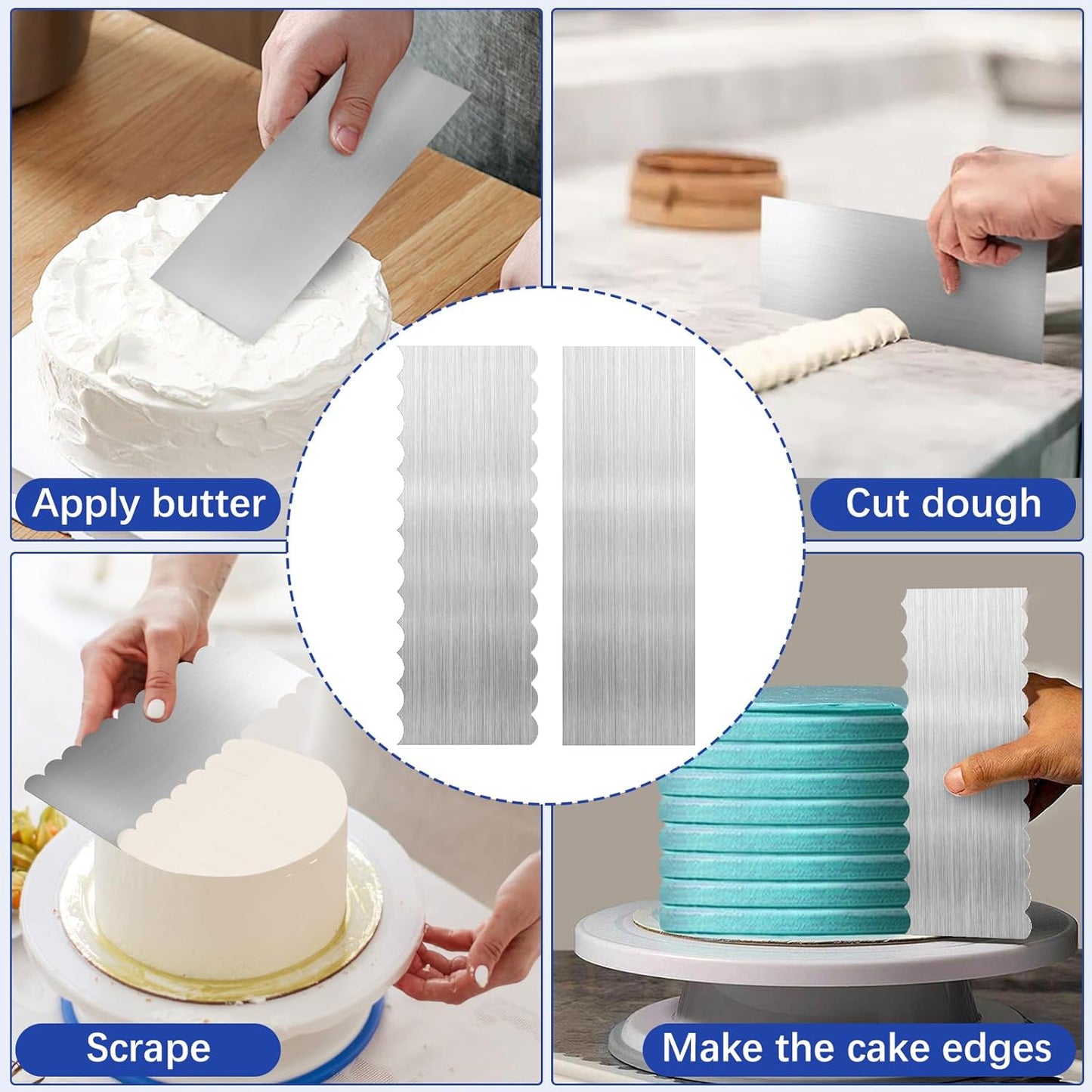 2 Pcs Stainless Steel Cake Scraper, 8.6-inch Double Sided Patterned Edge Stripe Edge Smoother Scraper, Cake Decorating Comb Metal Cake Scraper for Butter Mousse Cream Decoration