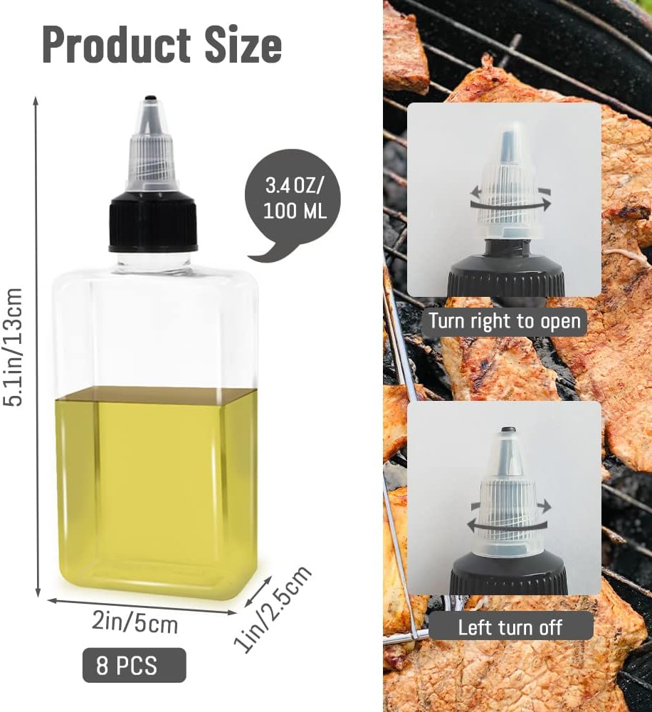 4Pcs Small Oil Dispenser Bottle for Camping, 3.4oz Leak-Proof Squeeze Condiment Bottle with Twist Top Cap, Liquid Condiment Container Dispensing Bottles for Oil Soy Sauce Vinegar