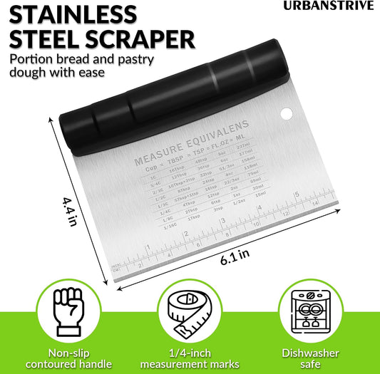 Bench Scraper for Baking, Stainless Steel Dough Cutter and Scraper Tool Kitchen, Kitchen Scraper Food Scraper Tool Pizza Cutter Food Chopper, Multi-Purpose Kitchen Gadgets, Black