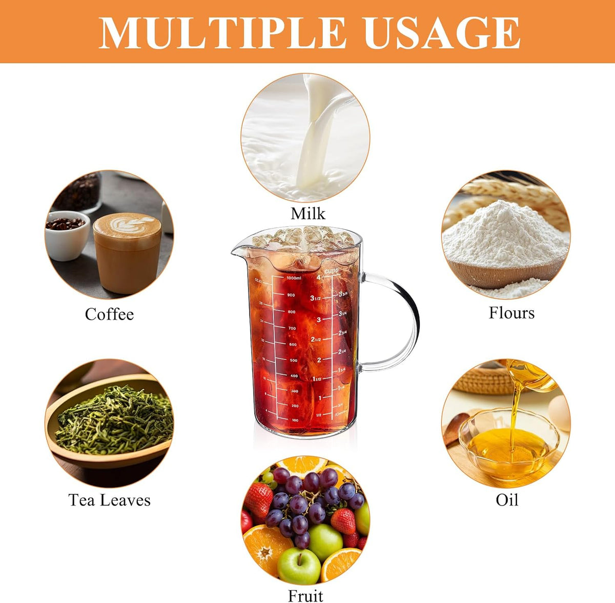Glass Measuring Cup, 1000 ML (33.8 Oz, 4 Cup) High Borosilicate Glass Measuring Cup with Wood Lid Insulated Handle V-Shaped Spout for Kitchen Restaurant Easy To Read
