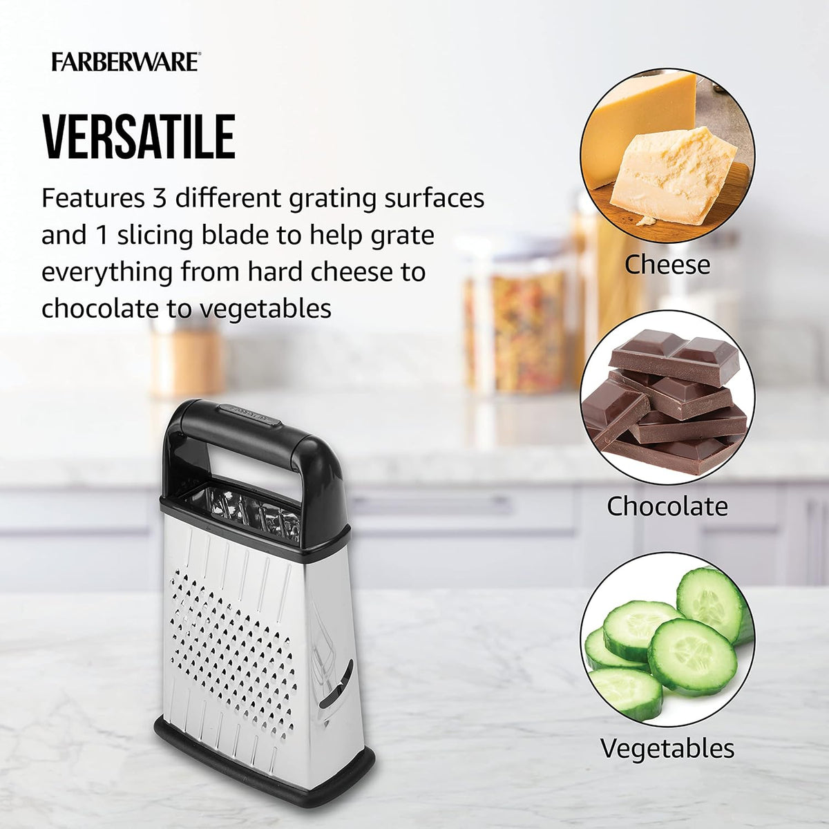 Slim Box Grater with Storage Container, Stainless Steel 4-Sided Cheese Grater with 1-Cup Catch Cup, Lid, and Non-Slip Base - Dishwasher Safe Kitchen Grater for Cheese, Vegetables, and More