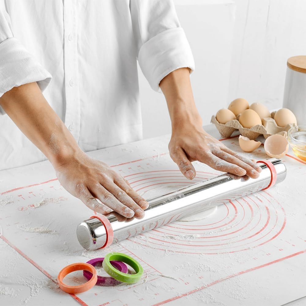 Adjustable Stainless Steel Rolling Pin with Thickness Rings (16.2in) | Seamless Steel, 4 Removable Rings, Non-Stick and Dishwasher Safe for Pie, Pasta, Cookie, Cake Pop and Fondant Baking