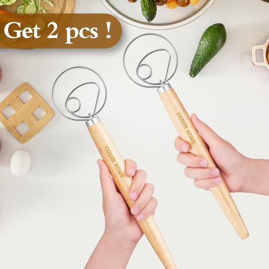 2 Pack Danish Dough Whisk Hook Sourdough Bread Baking Supplies Starter Kit | 13.5 Inches; Quick Hand Mixing Tool; Wooden Handle Stainless Steel Loop; Easy Clean; Diswasher Safe; for Batter Pastry Flour