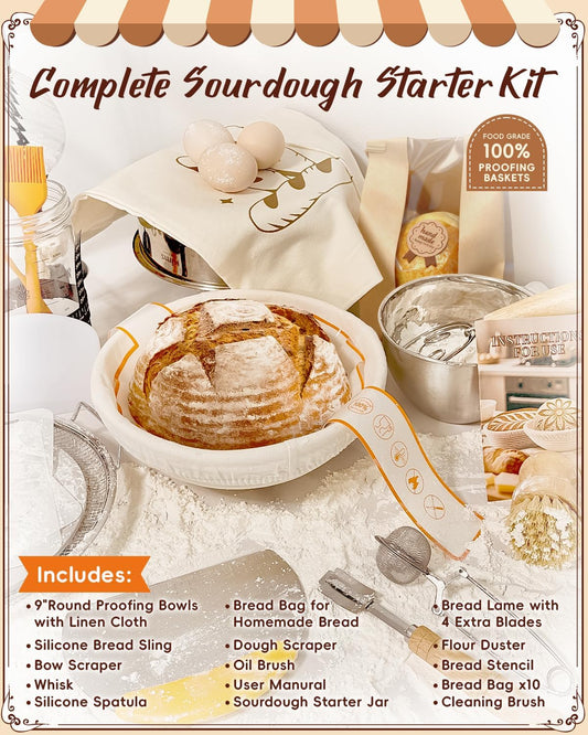 Complete Sourdough Starter Kit | Easy to Clean for Beginners | Sourdough Bread Baking Supplies with Round Bread Proofing Basket, Bread Sling, Starter Jar, Dough Whisk, Scrapers, Bag,Manual