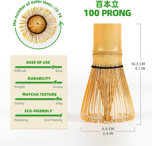 Matcha Whisk Set,Bamboo Matcha Whisk (100 prongs) with Black Holder,6-PCS Traditional Starter Set,Scoop (Chashaku),Bamboo Chasen for Making Latte,Ceremony Accessory,Gife for Friend/Family