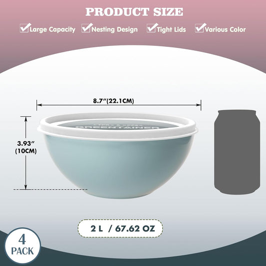 4-Piece Plastic Mixing Bowl Set with Lids for Kitchen, 67oz Lightweight Storage Bowls, Large Salad Bowls for Baking, Prepping, Cooking and Serving Food, Dishwasher & Microwave Safe