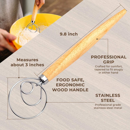 Danish Dough Whisk Bread Mixer 2 Pack | Premium Stainless Steel Dutch Whisk With a Dough Scraper for Bread, Pastry or Pizza Dough - Perfect Baking