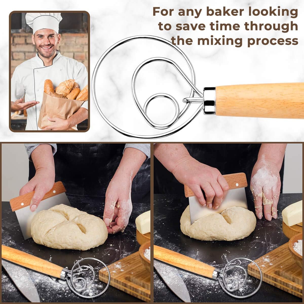 Danish Dough Whisk Bread Mixer 2 Pack | Premium Stainless Steel Dutch Whisk With a Dough Scraper for Bread, Pastry or Pizza Dough - Perfect Baking