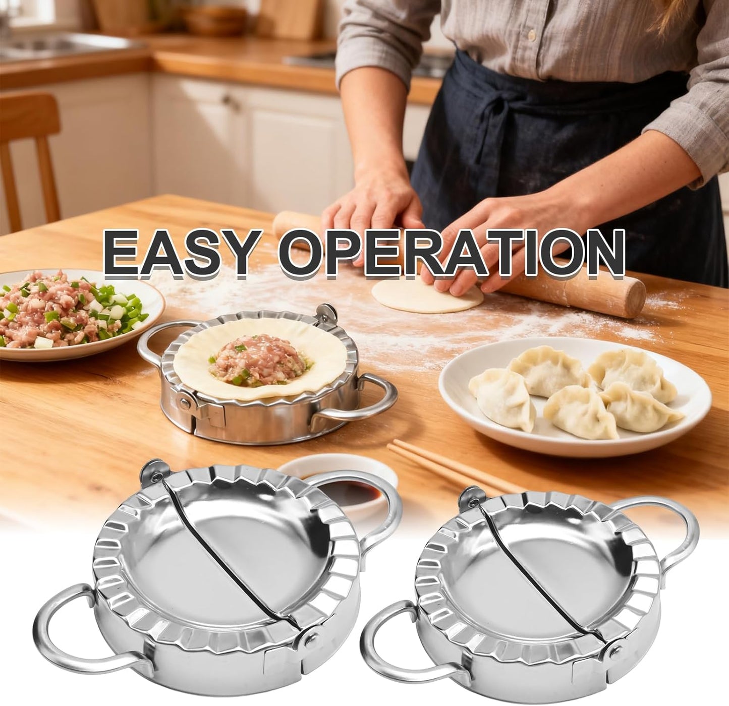 Stainless Steel Dumpling Maker Kit With Stuffing Spoon, Includes 2Pcs Small Dumpling Molds and 2 Large Ravioli Maker Press, Easy-tool for Dumpling Pastry Pie Making