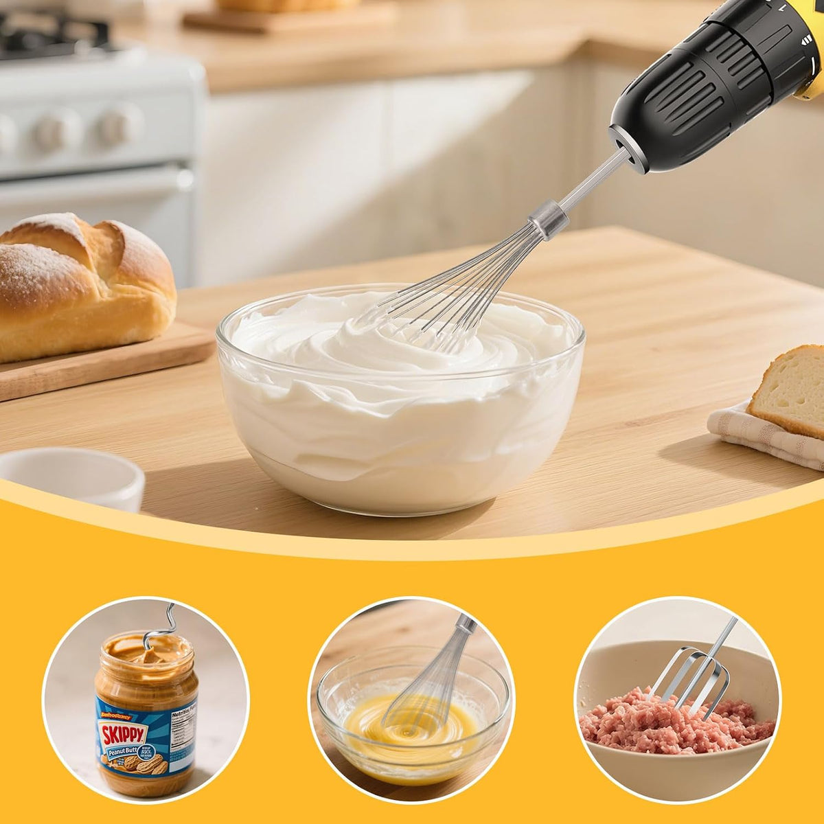 homicozy 3-Piece Stainless Steel Hand Mixer Attachment Set - Whisk, Dough Hook, Egg Beater for Drills - Dishwasher Safe, 9.8 Inch (Drill Not Included) (9.8inch)