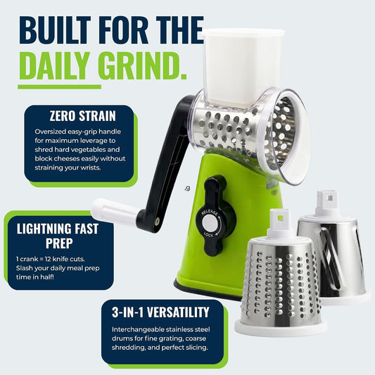 Rotary Cheese Grater with Handle – Manual Vegetable Slicer & Round Shredder – 3 Interchangeable Stainless Steel Blades for Cheese, Nuts, Chocolate – Strong Suction Base Kitchen Mandoline