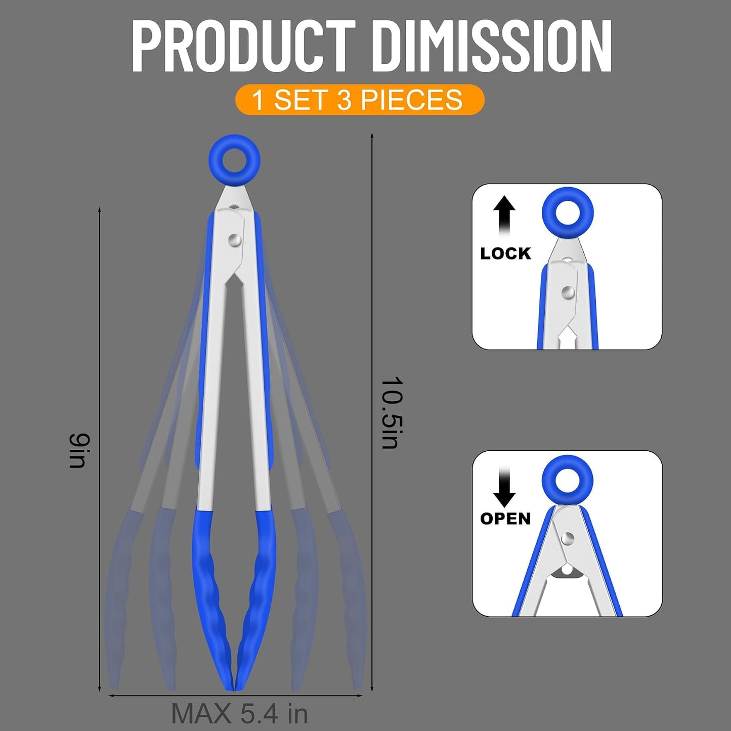 Silicone Serving Tongs for Cooking 9-Inch Kitchen Tongs with Silicone Tips, Set of 3 (Gradient Blue)