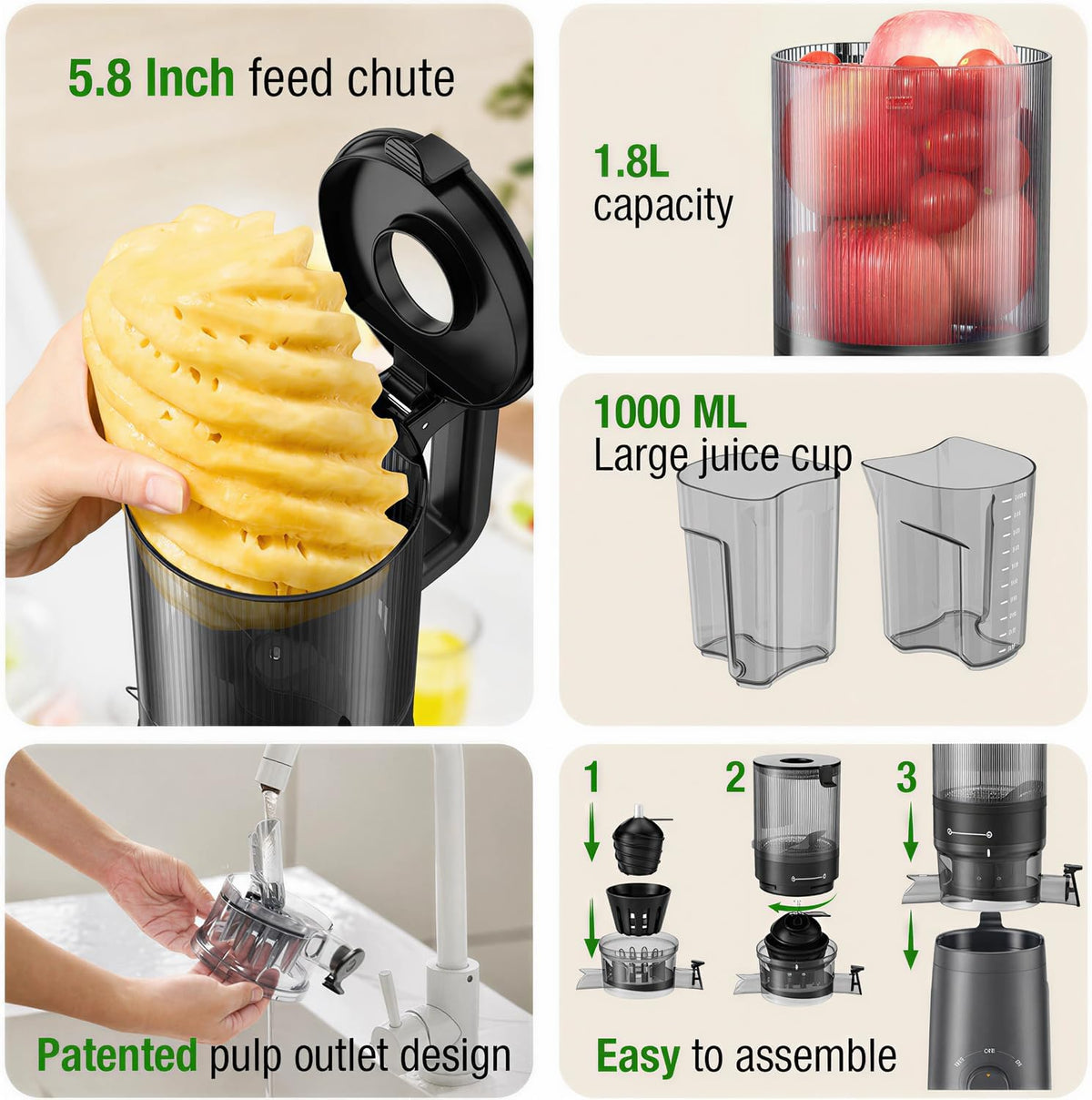 TUUMIIST Juicer Machines, Cold Press Juicer with 5.8" Extra Large Feed Chute Fit Whole Fruits & Vegetables Easy to Clean, High Juice Yield, BPA Free (Black)