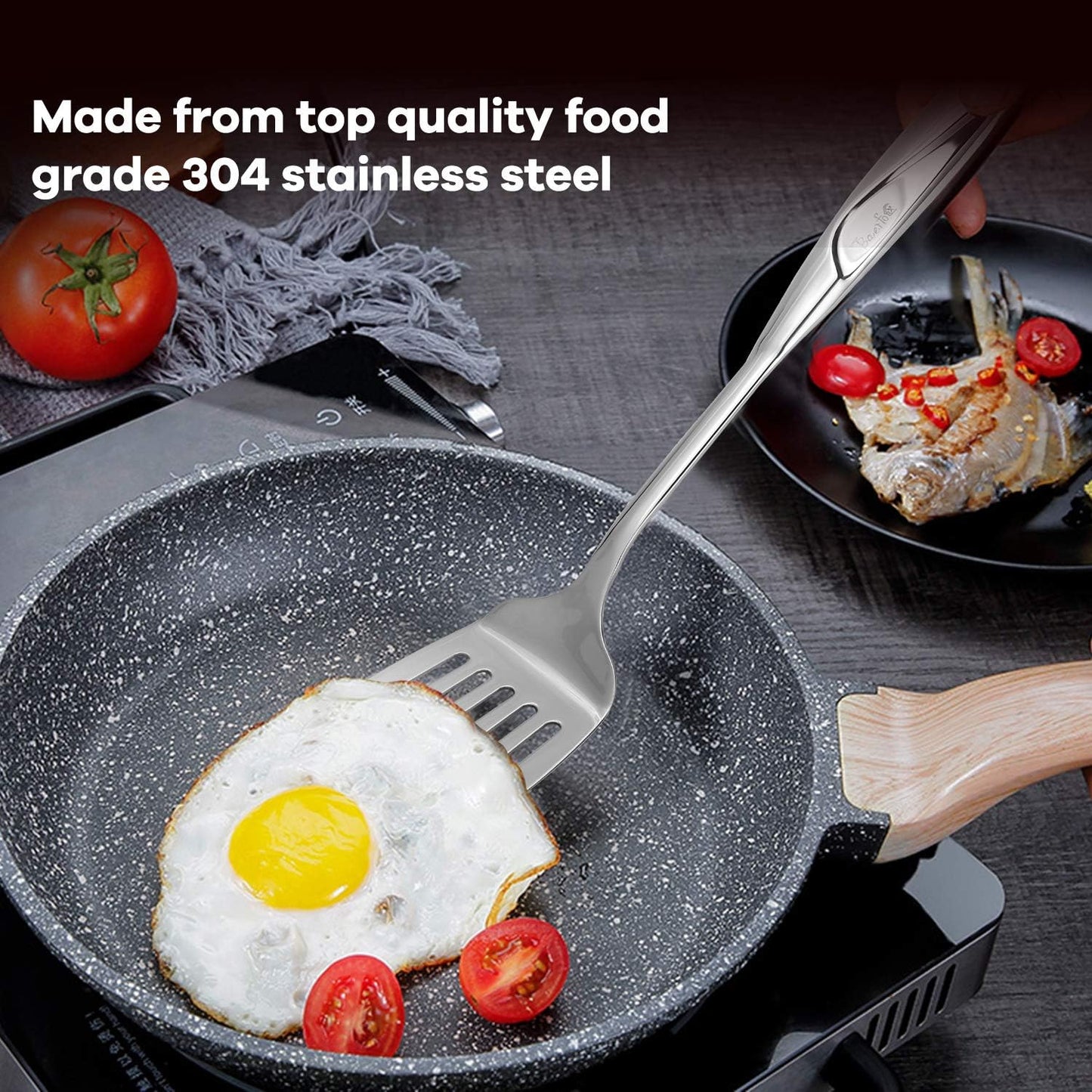Spatula, Metal Spatula for Kitchen, Stainless Steel Slotted Turner, Hollow Handle Heat-Resistant Design, Ergonomic Dual-Handed Grip, Gift for Family
