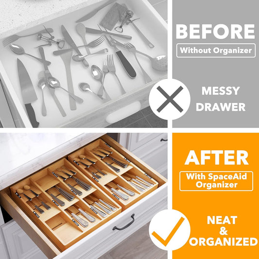 Bamboo Silverware Drawer Organizer with Labels, Kitchen Utensil Tray Holder Organizer for Flatware, Cutlery, Spoon and Knives Drawer Storage Organization (Natural, 6 Slots)