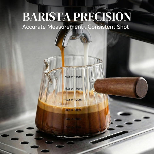 6oz Espresso Shot Cups, Glass Measuring Cup, Coffee Bar Accessories | Perfect Double Shot Espresso, Heat Resistant Borosilicate Glass, Wood Handle, V-Shaped Spout, Ribbed Milk Frothing Pitcher