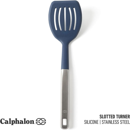 Prime Slotted Turner, Kitchen Flipping Spatula, Slotted Spatula with Silicone Head and Stainless Steel Handle, Heat Resistant Nonstick Cookware for Flipping and Draining (Navy Blue)