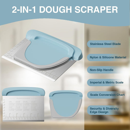 Bench Scraper Dough Scraper Bowl Pastry Scraper for Bread Cake Pizza | Kitchen Scraper, Dishwasher Safety, Stainless Steel Silicone Kit, Food Scraper, with Grip Handles & Measuring Scale, Blue
